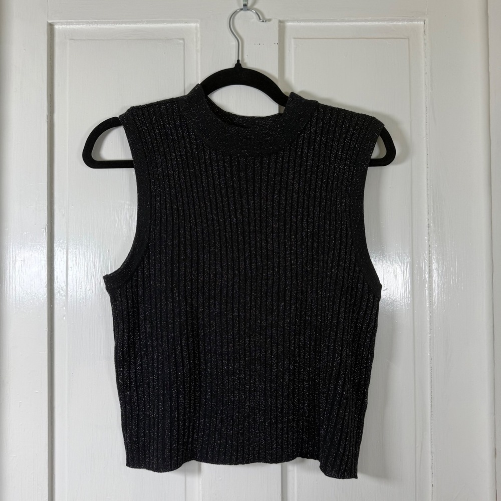 Atmosphere Sleeveless Knit Top Womens L Black Metallic Ribbed Mock Neck Sparkle